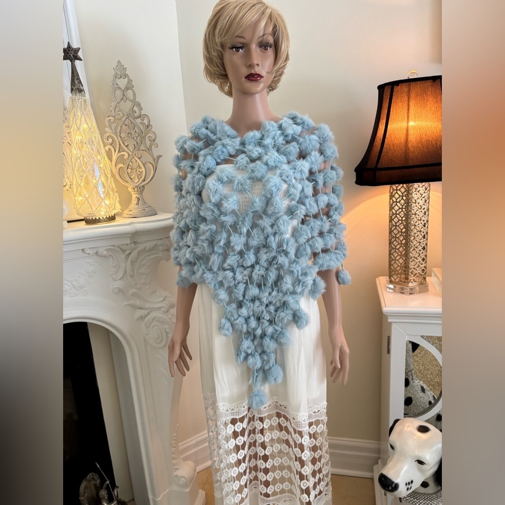 Light Blue Fluffy Rabbit Fur Shawl Wrap - Picture 2 of 11